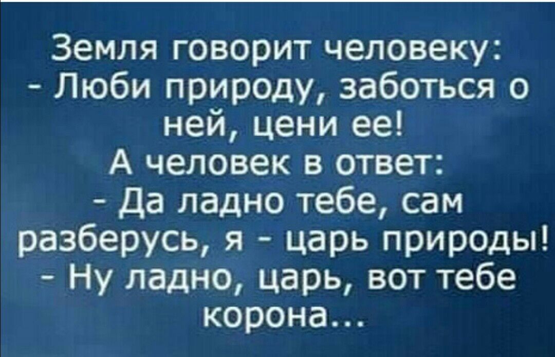 Земля говорит человеку Люби природу заботься о ней цени ее А человек в ответ Да ладно тебе сам разберусь я царь природы Ну ладно царь вот тебе корона