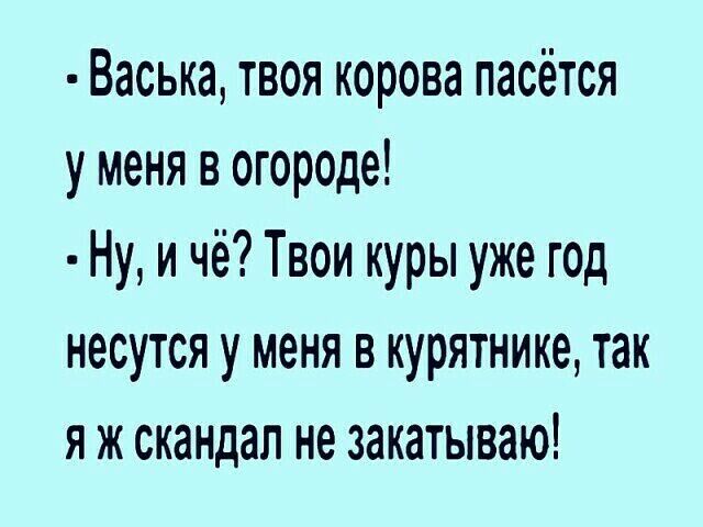 Васька твоя корова пасётся у меня в огороде Ну и чё Твои куры уже год несутся у меня в курятнике так я ж скандал не закатываю
