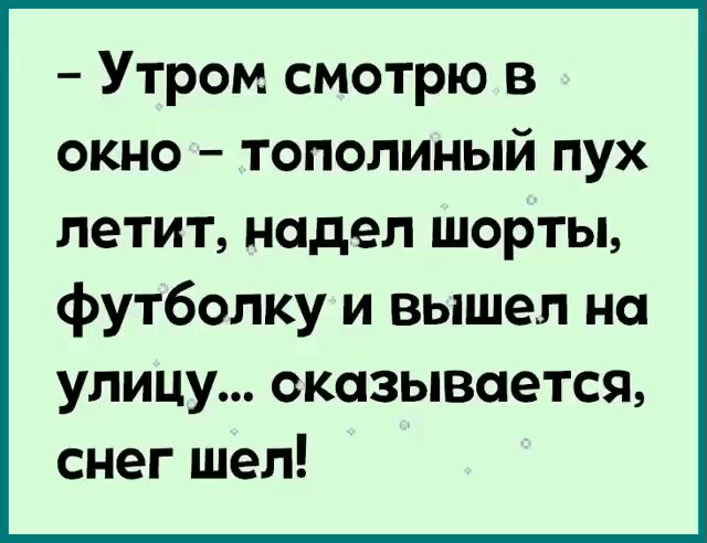 Утром смотрю в окно тополиный пух летит надел шорты футболку и вышел на улицу оказывается снег шел