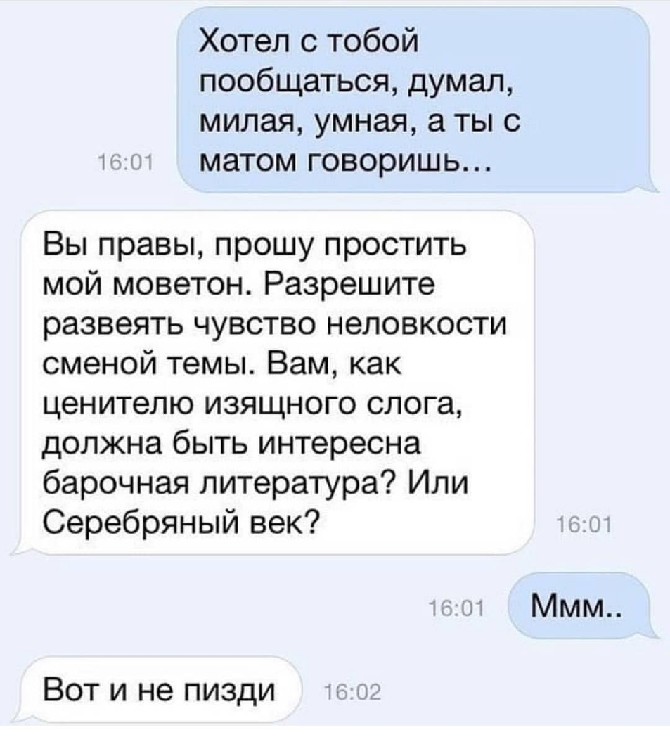 Хотел с тобой пообщаться думал милая умная а ты с матом говоришь Вы правы прошу простить мой моветон Разрешите развеять чувство неловкости сменой темы Вам как ценителю изящного слога должна быть интересна барочная литература Ипи Серебряный век Ммм Вот и не пизди