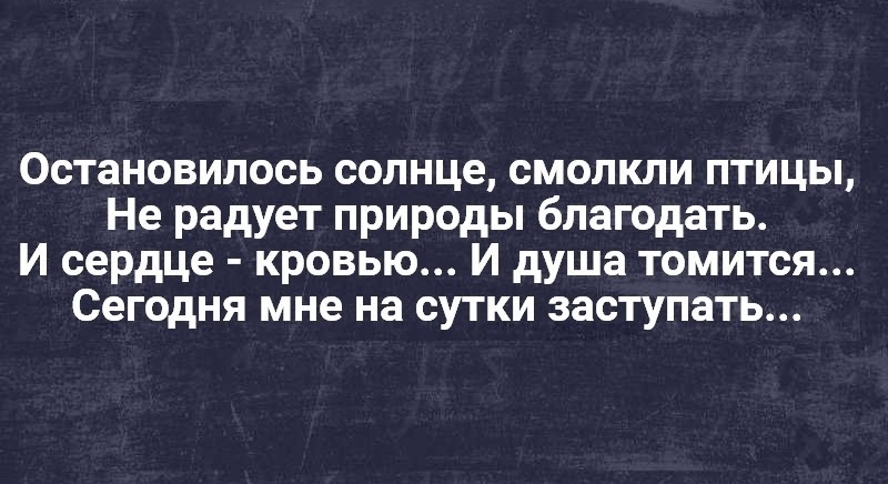 Остановилось солнце смолкли птицы Не радует природы благодать И сердце кровью И душа томится Сегодня мне на сутки заступать