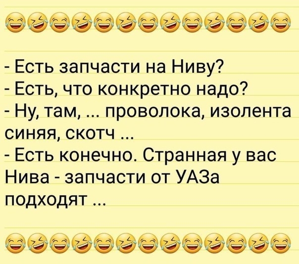 ёёёёёёёёёёё Есть запчасти на Ниву Есть что конкретно надо Ну там проволока изолента синяя скотч Есть конечно Странная у вас Нива запчасти от УАЗа подходят Ёёёёёёёёёё
