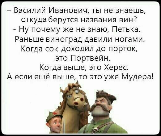 Василий Иванович ты не знаешь откуда берутся названия вин _ Ну почему же не знаю Петька Раньше виноград давили ногами Когда сок доходил до порток это Портвейн Когда выше это Херес А если ещё выше то это уже Мудера