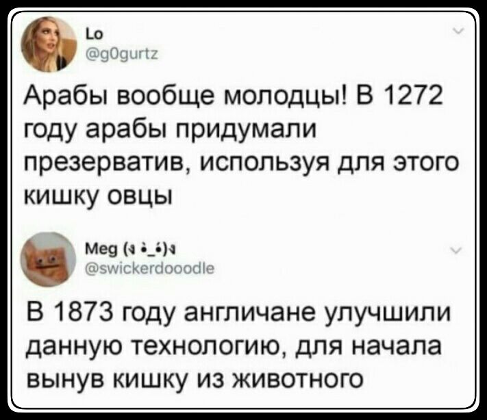 Арабы вообще молодцы В 1272 году арабы придумали презерватив используя для этого кишку овцы Мея о_вп щин 1шш1м В 1873 году англичане улучшили данную технологию для начала вынув кишку из животного