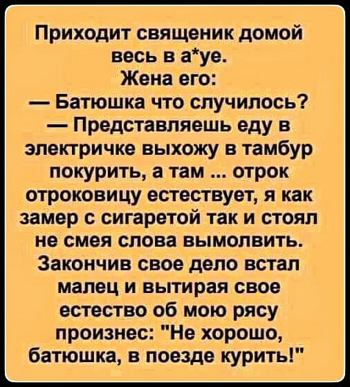 Приходит священик домой весь в ауе Жена его Батюшка что случилось Представляешь еду в электричке выхожу в тамбур покурить а там отрок отроковицу естествует я как замер с сигаретой так и стоял не смея слова вымолвить Закончив свое дело встал мапец и вытирая свое естество об мою рясу произнес Не хорошо батюшка в поезде курить