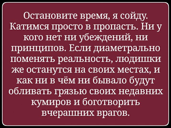 Остановите время я сойду Катимся просто в пропасть Ни у кого нет ни убеждений ни принципов Если диаметрально поменять реальность людишки же останутся на своих местах и как ни в чём ни бывало будут обливать грязью своих недавних кумиров и боготворить вчерашних врагов