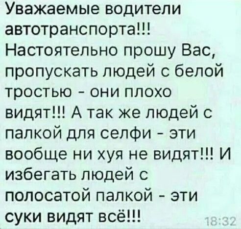 Уважаемые водители автотранспорта Настоятельно прошу Вас пропускать людей с белой тростью ОНИ ПЛОХО видят А так же людей с папкой для селфи эти вообще ни хуя не видят И избегать людей с полосатой палкой эти суки видят всё