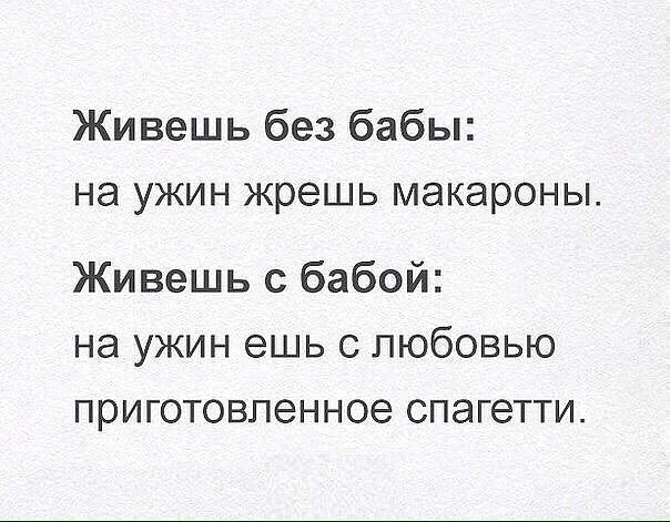 Живешь без бабы на ужин жрешь макароны Живешь с бабой на ужин ешь с любовью приготовленное спагетти