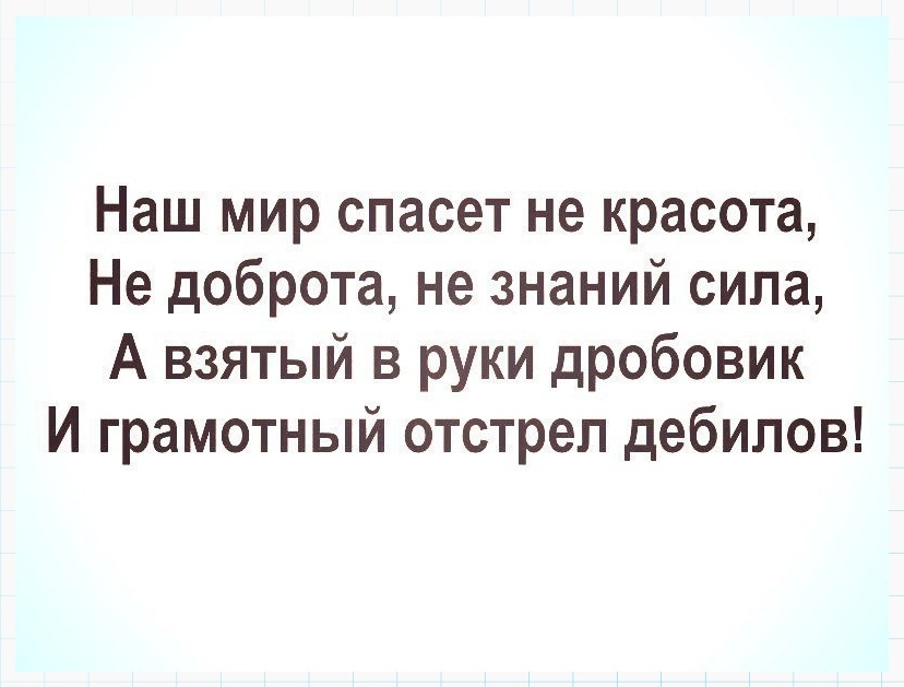 Наш мир спасет не красота Не доброта не знаний сила А взятый в руки дробовик И грамотный отстрел дебилов