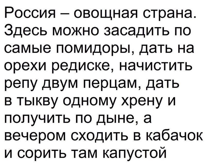 Россия овощная страна Здесь можно засадить по самые помидоры дать на орехи редиске начистить репу двум перцам дать в тыкву одному хрену и получить по дыне а вечером сходить в кабачок и сорить там капустой