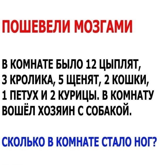 ПОШЕВЕЛИ МОЗГАМИ В КОМНАТЕ БЫЛО 12 ЦЫПЛЯТ 3 КРОЛИКА 5 ЩЕНЯТ 2 КОШКИ 1 ПЕТУХ И 2 КУРИЦЫ В КОМНАТУ ВОШЁЛ ХОЗЯИН С СОБАКОИ СКОЛЬКО В КОМНАТЕ СТ АЛО НОГ