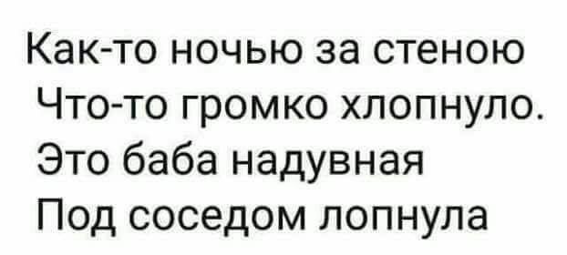 Как то ночью за стеною Что то громко хлопнуло Это баба надувная Под соседом лопнула
