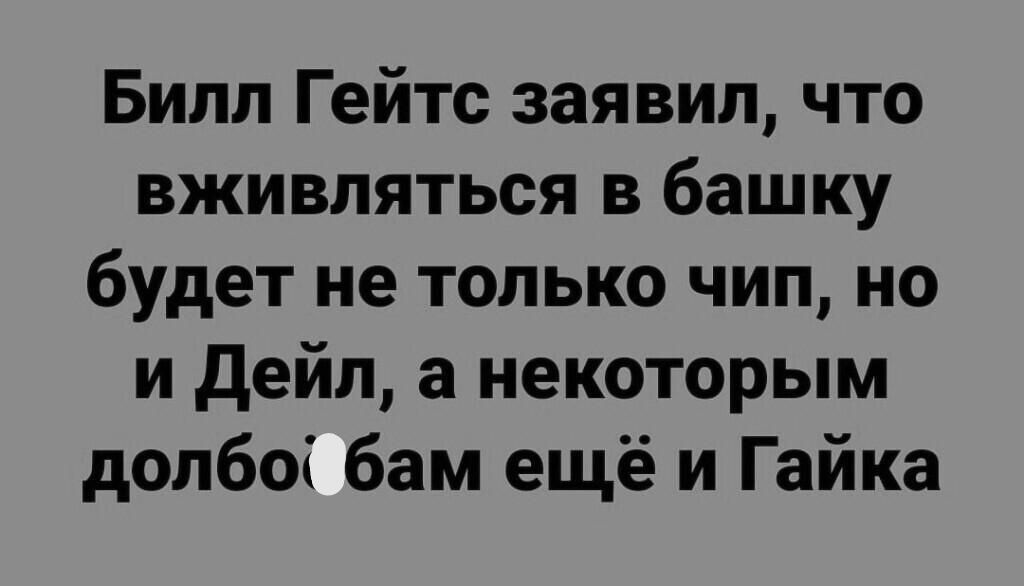 Билл Гейтс заявил что вживляться в башку будет не только чип но и дейл а некоторым долбоі бам ещё и Гайка