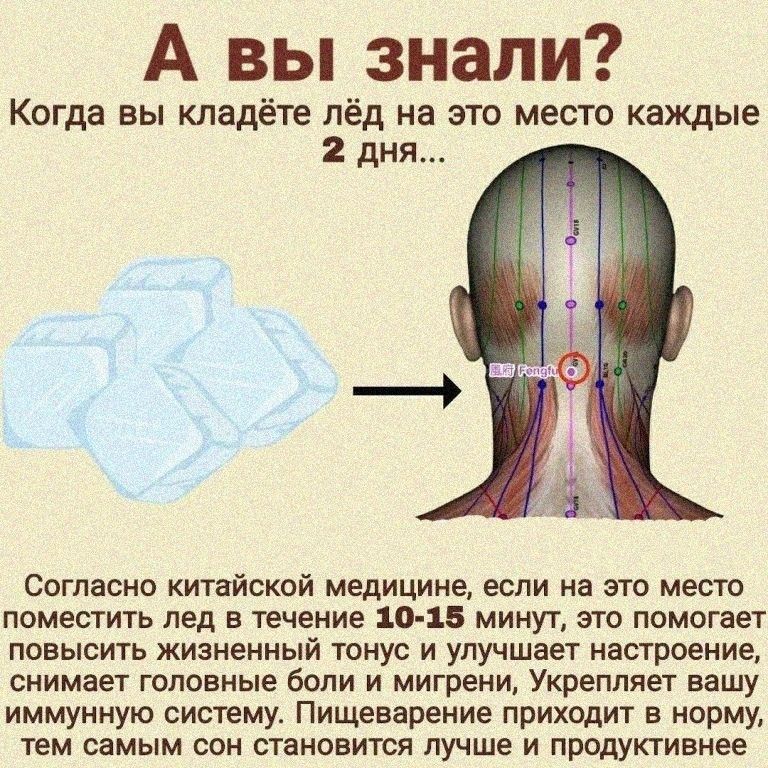 А вы знали Когда вы кладёте лёд на это место каждые 2 дня Согласно китайской медицине если на это место поместить лед в течение 10 15 минут это помогает повысить жизненный тонус и улучшает настроение снимает головные боли и мигрени Укрепляет вашу иммунную систему Пищеварение приходит в норму тем самым сон становится лучше и продуктивнее