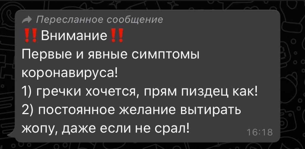 Переспанное сообщение Внимание Первые и явные симптомы коронавируса 1 гречки хочется прям пиздец как 2 постоянное желание вытирать жопу даже если не срал