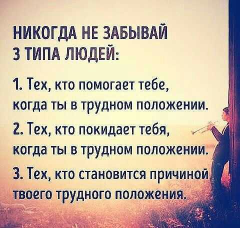 НИКОГДА НЕ ЗАБЫВАЙ 3 ТИПА ЛЮДЕЙ 1 Тех кто помогает тебе когда ТЫ В ТРУДНОМ ПОЛОЖЕНИИ 2 Тех кто покидает тебя когда ты в трудном положении 3 Тех кто становится причиной твоего трудного положения
