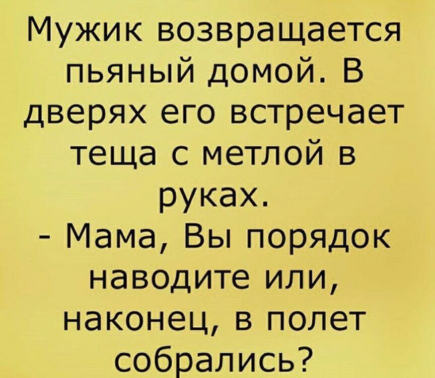 Мужик возвращается пьяный домой В дверях его встречает теща с метлой в руках Мама Вы порядок наводите или наконец в полет собрались