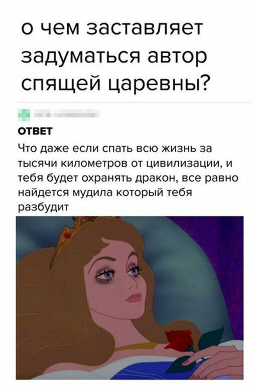 о чем заставляет задуматься автор спящей царевны ОТВЕТ Что даже если спать всю жизнь за тысячи километров от цивилизации и тебя будет охранять дракон все равно найдется мудипа который тебя разбудит