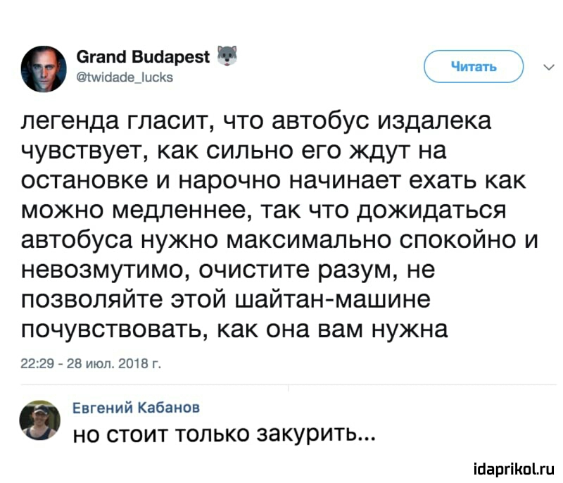 0 легенда гласит что автобус издалека чувствует как сильно его ждут на остановке и нарочно начинает ехать как можно медленнее так что дожидаться автобуса нужно максимально спокойно и невозмутимо очистите разум не позволяйте этой шайтан машине почувствовать как она вам нужна 2229 _ 28 июл 2018 г 0 Евгений Кабанов НО СТОИТ ТОЛЬКО закурить ібаргіКпЦи