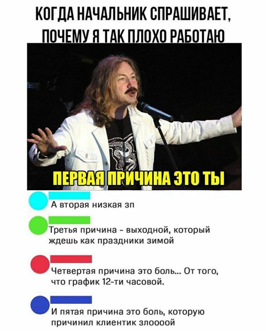 КОГДА НАЧАЛЬНИК ОПРАШИВАЕТ ПОЧЕМУ Я ТАК ПЛОХО РАБОТАЮ ПЕРВАЯ ПРИЧИНА ЭТО ТЫ А вторая низкая зп Третья причина выходной который ждешь как праздники зимой Четвертая причина это боль От того что график 12ти часовой _ И пятая причина это боль которую причинил КПИВНТИК ЗПООООЙ