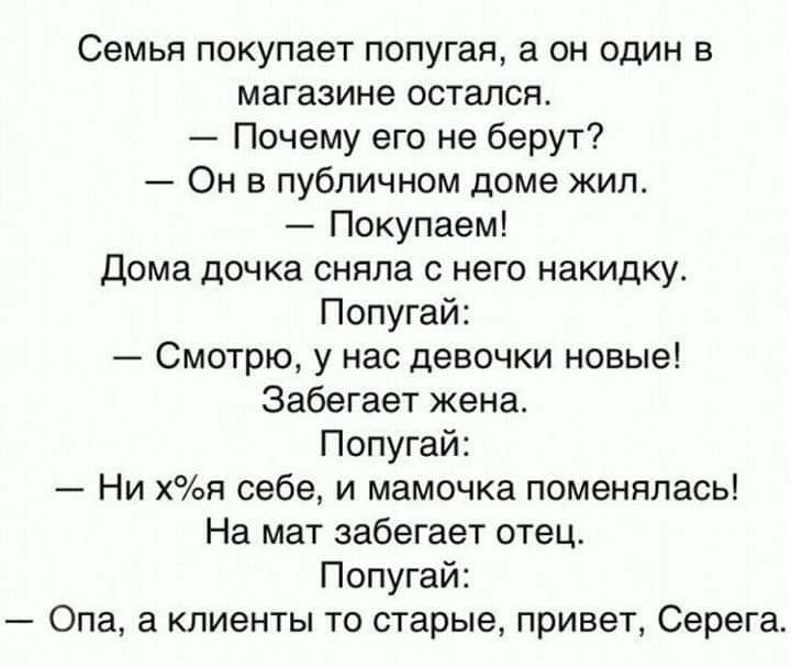 Семья покупает попугая а он один в магазине остался Почему его не берут Он в публичном доме жил Покупаем Дома дочка сняла с него накидку Попугай Смотрю у нас девочки новые Забегает жена Попугай Ни хя себе и мамочка поменялась На мат забегает отец Попугай Опа а клиенты то старые привет Серега