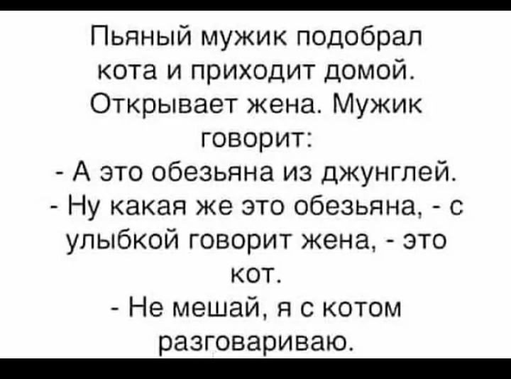 _ Пьяный мужик подобрал кота и приходит домой Открывает жена Мужик говорит А это обезьяна из джунглей Ну какая же это обезьяна с улыбкой говорит жена это кот Не мешай я с котом разговариваю _