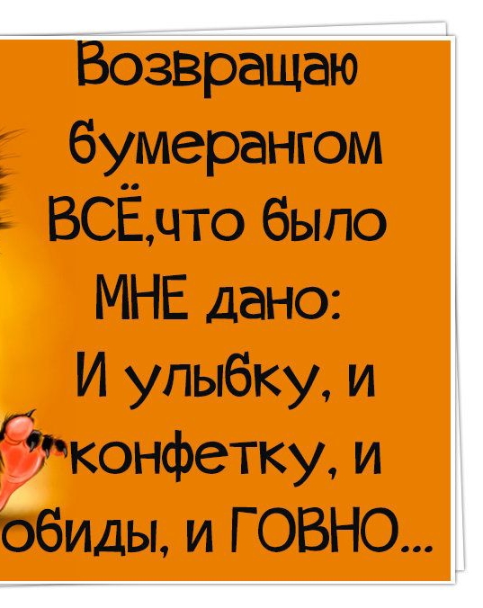 озвращаю _ бумерангом ВСЁдто было МНЕ дано И улыбку и конфетку и обиды и ГОВНО
