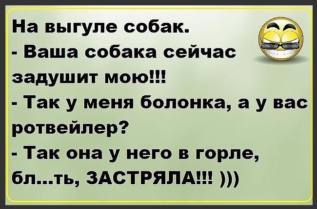 На выгуле собак.
- Ваша собака сейчас задушит мою!!!
- Так у меня болонка, а у вас ротвейлер?
- Так она у него в горле, бл...ть, ЗАСТРЯЛА!!! )))