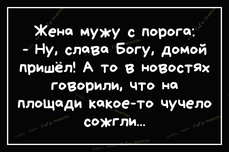 Жене мужу с порога Ну слава Богу домой пришёл А то в новостях говорили что но плоЩоди Какое то чучело сожгли