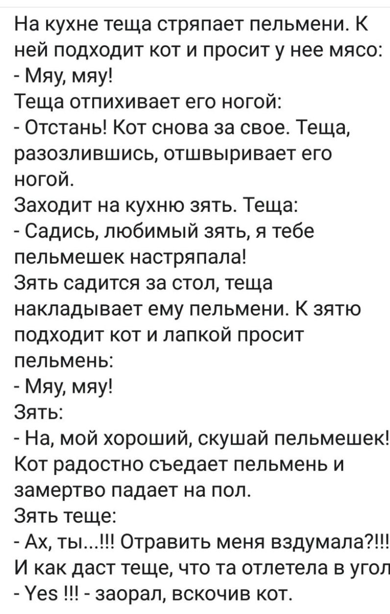 На кухне теща стряпает пельмени К ней подходит кот и просит у нее мясо Мяу мяу Теща отпихивает его ногой Отстань Кот снова за свое Теща разозлившись отшвыривает его ногой Заходит на кухню зять Теща Садись любимый зять я тебе пельмешек настряпала Зять садится за стол теща накладывает ему пельмени К зятю подходит кот и папкой просит пельмень Мяу мяу Зять На мой хороший скушай пельмешек Кот радостно 
