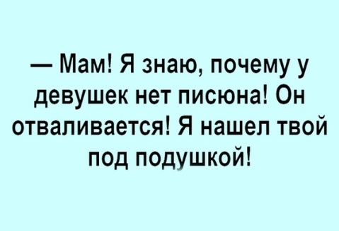 Мам Я знаю почему у девушек нет писюна Он отваливается Я нашел твой под подушкой
