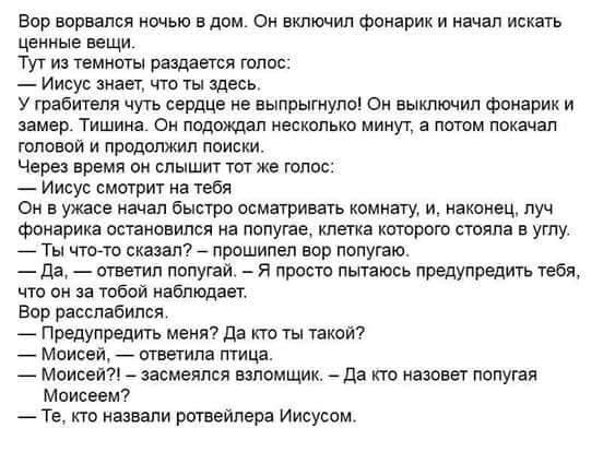 Бор ворвался ночью вдпм Он включил фонарик и начал искать ценные вещи Тут из темноты раздается шлпс _ Иисус знает чтз гы здесь У грабителя чугь сердце не выпрыгнула Он выключил фонарик и замер Тишина Он подождал несколько минут а патом покачал головой и продолжил поиски Через время он слышит тотже шлпс Иисус смотрит на тебя Он в ужасе начал быстро осматривать комнату и наконец луч фонарика останов