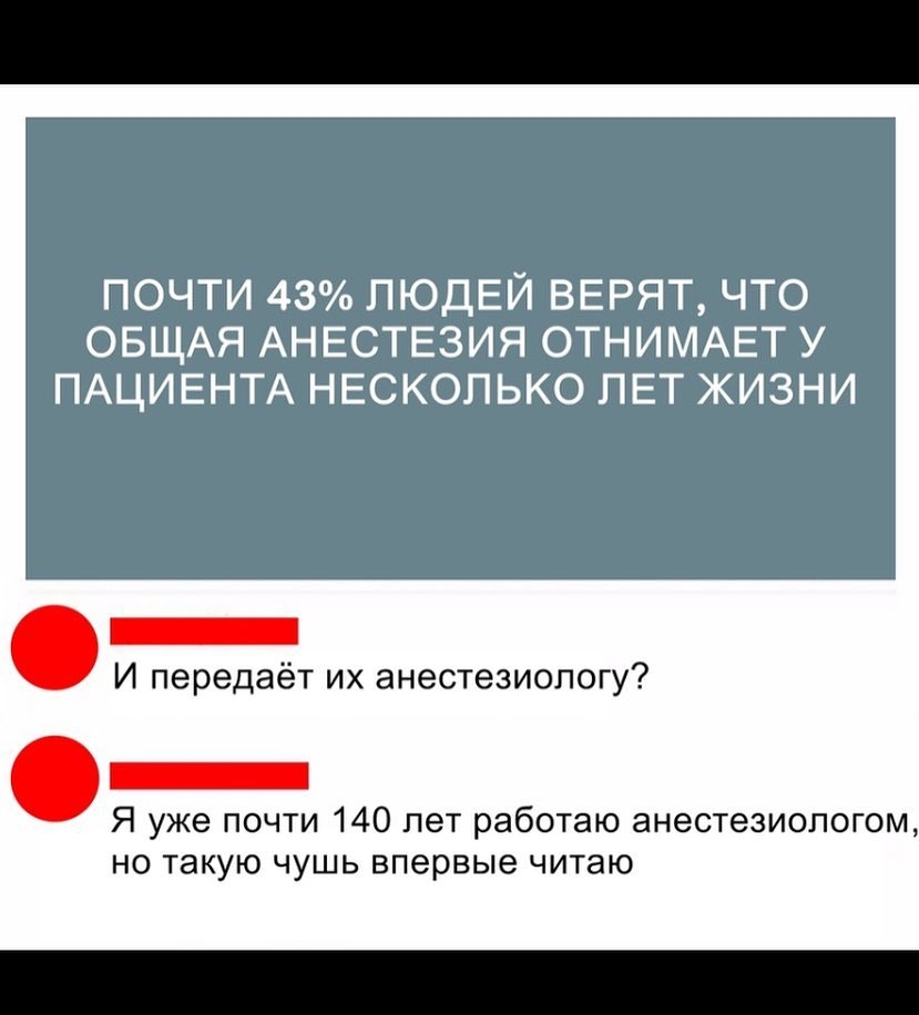 ПОЧТИ 43 ЛЮДЕЙ ВЕРЯТ ЧТО ОБЩАЯ АНЕСТЕЗИЯ ОТНИМАЕТ У ПАЦИЕНТА НЕСКОЛЬКО ЛЕТ ЖИЗНИ _ И передаёт их анестезиологу Я уже почти 140 лет работаю анестезиологом но такую чушь впервые читаю