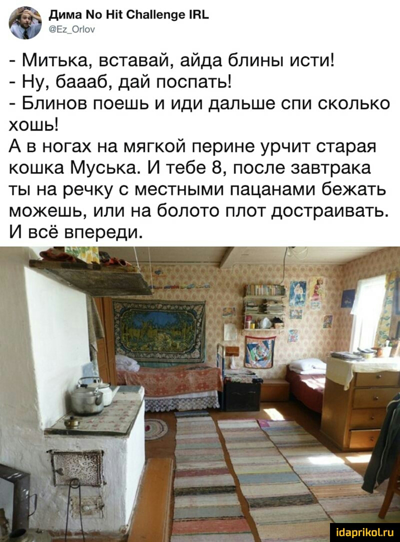 дима Мо Ніі СЬаеп9е П Е1_Ог0 Митька вставай айда блины исти Ну баааб дай поспать Блинов поешь и иди дальше спи сколько хошь А в ногах на мягкой перине урчит старая кошка Муська И тебе 8 после завтрака ты на речку с местными пацанами бежать можешь или на болото плот достраивать И всё впереди ійаргіКппц