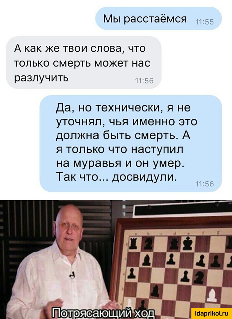 Мы расстаёмся 355 А как же ТВОИ СЛОВЭ ЧТО ТОЛЬКО смерть МОЖЭТ НЭС разлучить и ька Да но технически я не уточнял чья именно это должна быть смерть А я только что наступил на муравья и он умер ТЭК ЧТО ДОСВИДУПИ 56 Шаргііюі_ гц