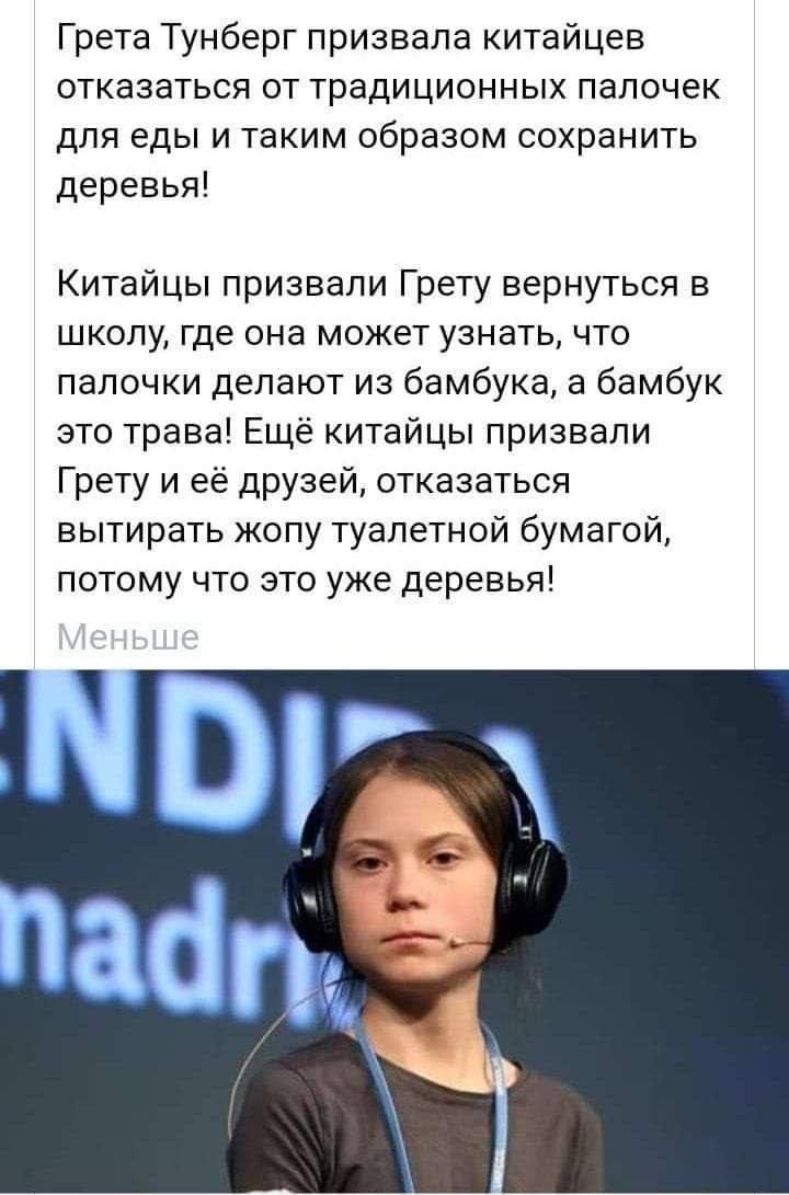 Грета Тунберг призвала китайцев отказаться от традиционных палочек для еды и таким образом сохранить деревья Китайцы призвали Грету вернуться в школу где она может узнать что палочки делают из бамбука а бамбук это трава Ещё китайцы призвали Грету и её друзей отказаться вытирать жопу туалетной бумагой потому что это уже деревья