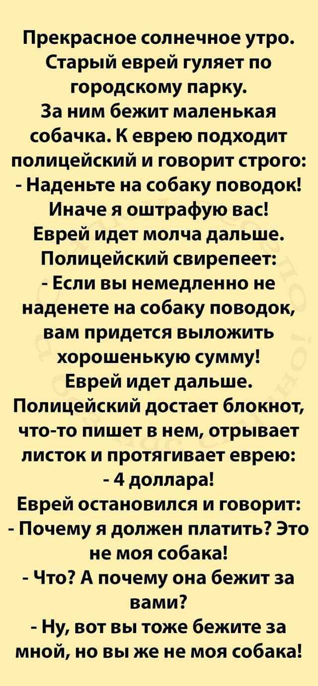 Прекрасное солнечное утро Старый еврей гуляет по городскому парку За ним бежит маленькая собачка К еврею подходит полицейский и говорит строго Наденьте на собаку поводок Иначе я оштрафую вас Еврей идет молча дальше Полицейский свирепеет Если вы немедленно не наденете на собаку поводок вам придется выложить хорошенькую сумму Еврей идет дальше Полицейский достает блокнот что то пишет в нем отрывает 