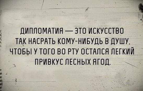 ДИПЛОМАТИН ЭТО ИСКУССТВО ТАК НАСРАТЬ КОМУ НИБУДЬ В ДУШУ ЧТОБЫ У ТПГП ВП РТУ ОСТАЛСЯ ЛЕГКИЙ ПРИВКУСПЕСНЫХНГОЦ д