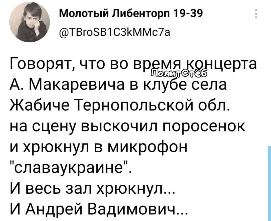 Молотый Либенторп 19 39 ТВгоЗВ1СЗКММс7а Говорят что во врцерта А Макаревича в клубе села Жабиче Тернопольской обл на сцену выскочил поросенок и хрюкнул в микрофон славаукраинеЁ И весь зал хрюкнул И Андрей Вадимович