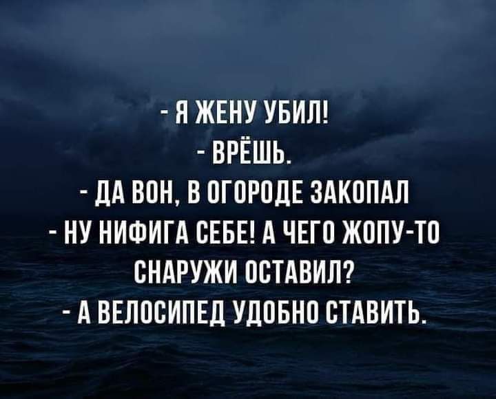 Я ЖЕНУ УБИЛ ВРЁШЬ ДА ВОН В ОГОРОЦЕ ЗАКОПАЛ НУ НИФИГА ОЕБЕ А ЧЕГО ЖОПУ ТО ОНАРУЖИ ООТАВИЛ А ВЕЛОСИПЕД УДОБНО ОТАВИТЬ