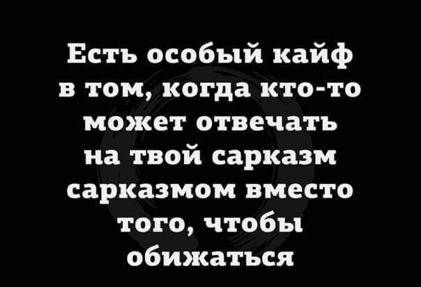 Есть особый кайф в том когда кто то может отвечать на твой сарказм сарказмом вместо того чтобы обижаться