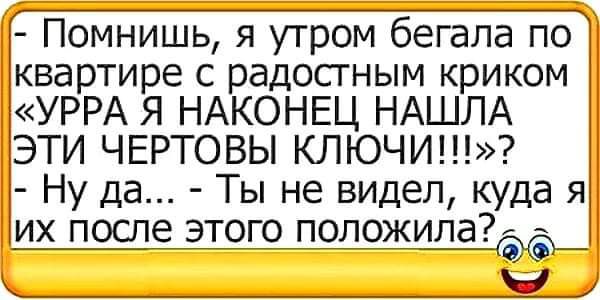 Помнишь я утром бегала по квартире с радостным криком УРРА Я НАКОНЕЦ НАШЛА ЭТИ ЧЕРТОВЫ КЛЮЧИ Ну да Ты не видел куда я их после этого положила3