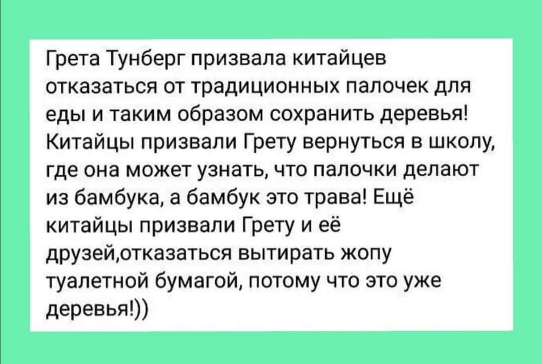 Грета Тунберг призвала китайцев отказаться от традиционных палочек для еды и таким образом сохранить деревья Китайцы призвали Грету вернуться в школу где она может узнать что палочки делают из бамбука а бамбук это трава Ещё китайцы призвали Грету и её друзейотказаться вытирать жопу туалетной бумагой потому что это уже деревья