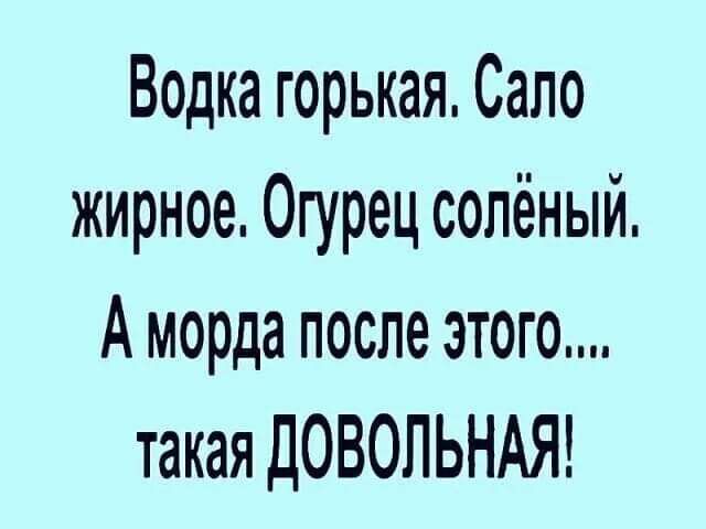 Водка горькая Сало жирное Огурец солёный А морда после этого такая ДОВОЛЬНАЯ