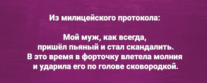Из МИЛИЦОЙОКОГО ПРОТОКОЛЫ Мой муж как всегда пришёл пьяный и стал скандалить В это время в форточку влетела молния и ударила его по голове сковородкой