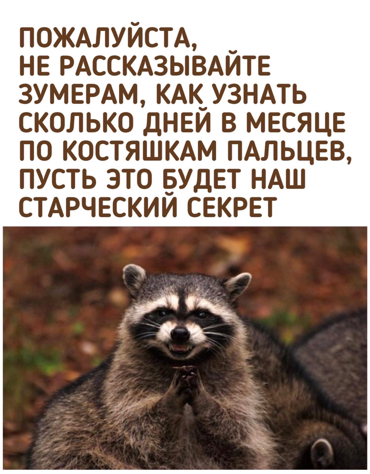 ПОЖАЛУЙСТА НЕ РАССКАЗЫВАЙТЕ 3УМЕРАМ КАК УЗНАТЬ СКОЛЬКО ДНЕЙ В МЕСЯЦЕ ПО КОСТЯШКАМ ПАЛЬЦЕВ ПУСТЬ ЭТО БУДЕТ НАШ СТАРЧЕСКИЙ СЕКРЕТ