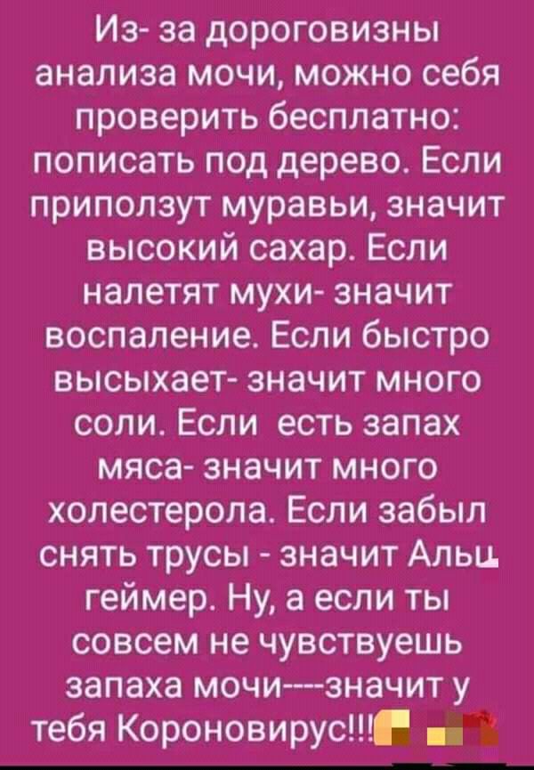 Из за дороговизны анализа мочи можно себя проверить бесплатно пописать под дерево Если припопзут муравьи значит высокий сахар Если налетят мухи значит воспаление Если быстро высыхает значит много соли Если есть запах мяса значит много холестерола Если забыл снять трусы значит Альп геймер Ну а если ты совсем не чувствуешь запаха мочи изначит у тебя Короновирус _