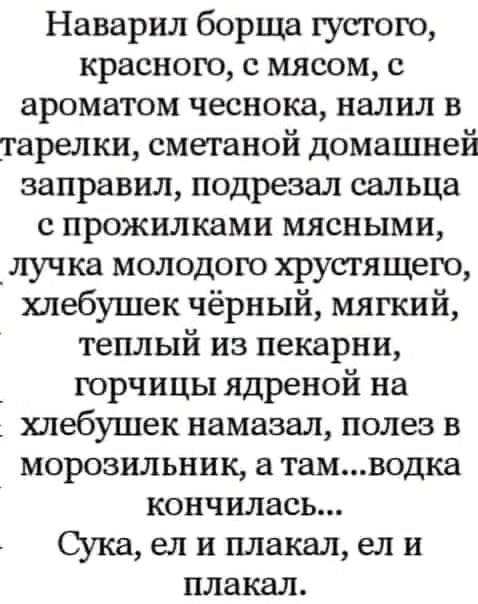 Наварил борща густого красною с мясом с ароматом чеснока налил в тарелки сметаной домашней заправил подрезал сальца с прожилками мясными _лучка молодого хрустящего хлебушек чёрный мягкий теплый из пекарни горчицы ядреной на хлебушек намазал полез в морозильник а тамводка кончИЛась Сука ел и плакал ел и плакал