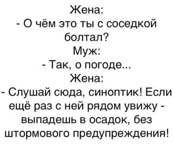 Жена О чём это ты с соседкой болтал Муж Так о погоде Жена Слушай сюда синоптик Если ещё раз с ней рядом увижу выпадешь в осадок без штормового предупреждения