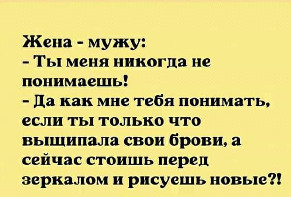 Жена мужу Ты меня никогда не понимаешь да как мне тебя понимать если ты только что выщипала свои брови сейчас стоишь перед зеркалом и рисуешь новые
